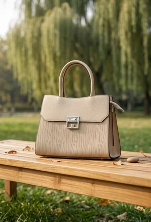 Geanta dama bej din piele cu model