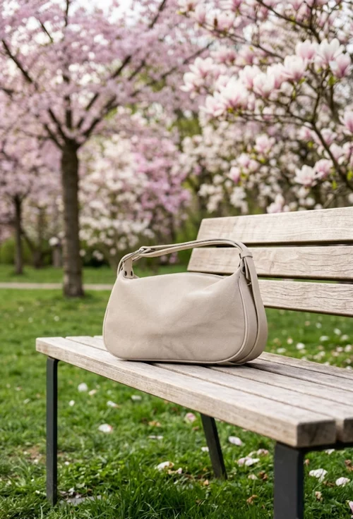 Geanta dama bej din piele intoarsa cu insertii din piele texturata