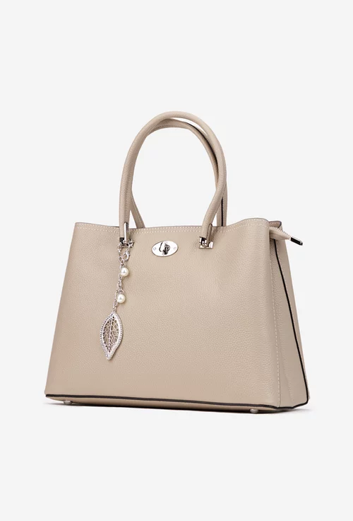 Geanta dama bej din piele texturata cu ornament