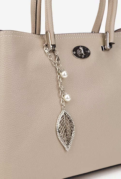 Geanta dama bej din piele texturata cu ornament