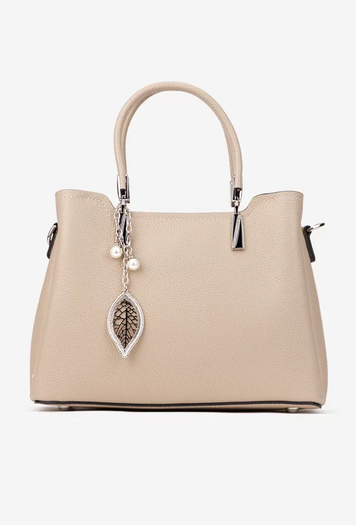 Geanta dama bej din piele texturata cu ornament detasabil