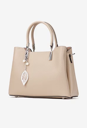 Geanta dama bej din piele texturata cu ornament detasabil