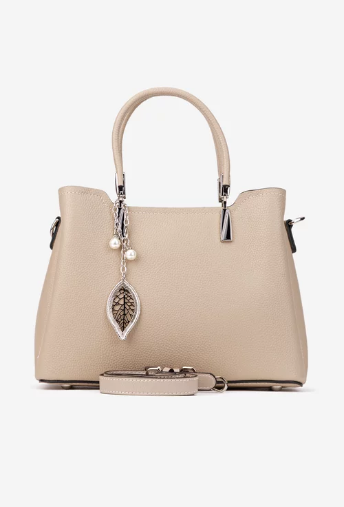 Geanta dama bej din piele texturata cu ornament detasabil