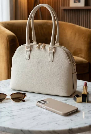 Geanta dama bej din piele texturata cu trei compartimente