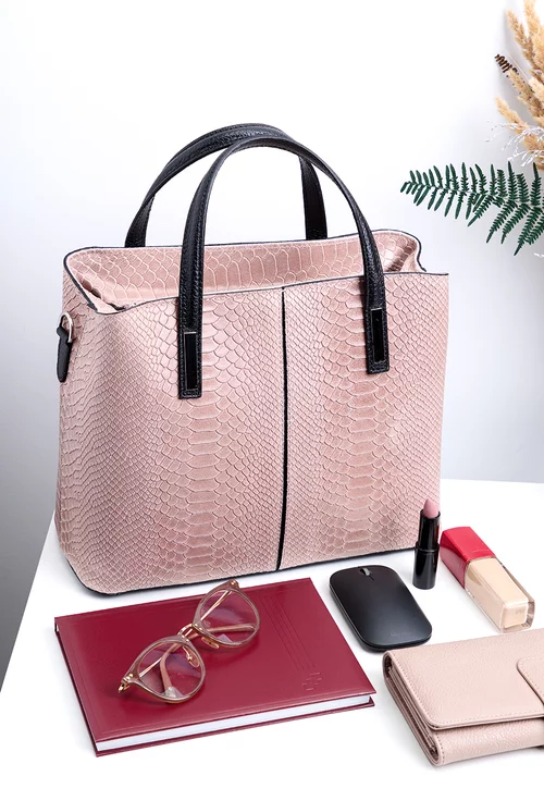 Geanta dama bej-roze croco confectionata din piele