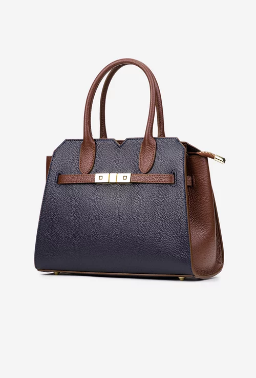 Geanta dama bleumarin cu maro din piele naturala texturata