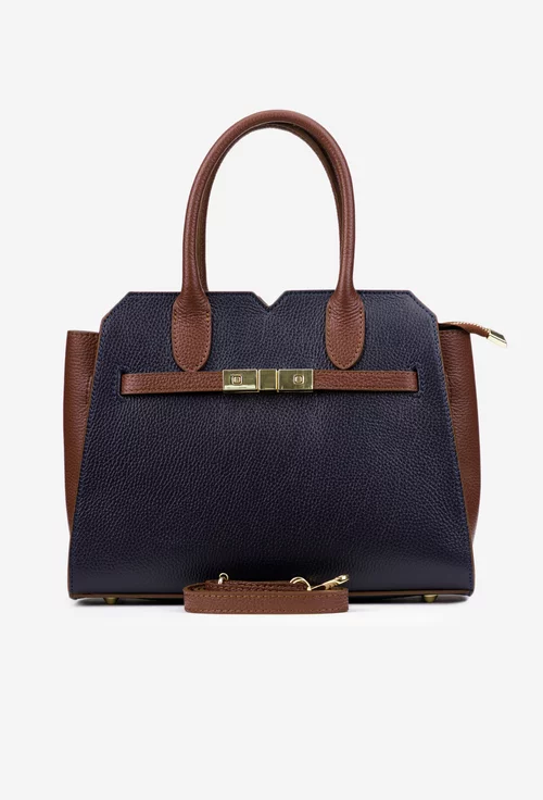 Geanta dama bleumarin cu maro din piele naturala texturata