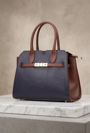 Geanta dama bleumarin cu maro din piele naturala texturata