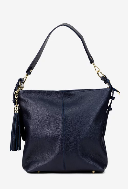 Geanta dama bleumarin din piele texturata cu accesoriu ciucure