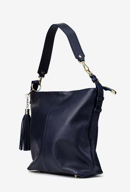 Geanta dama bleumarin din piele texturata cu accesoriu ciucure