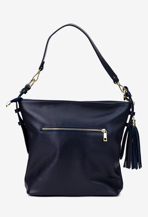 Geanta dama bleumarin din piele texturata cu accesoriu ciucure