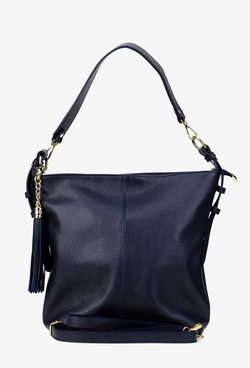 Geanta dama bleumarin din piele texturata cu accesoriu ciucure