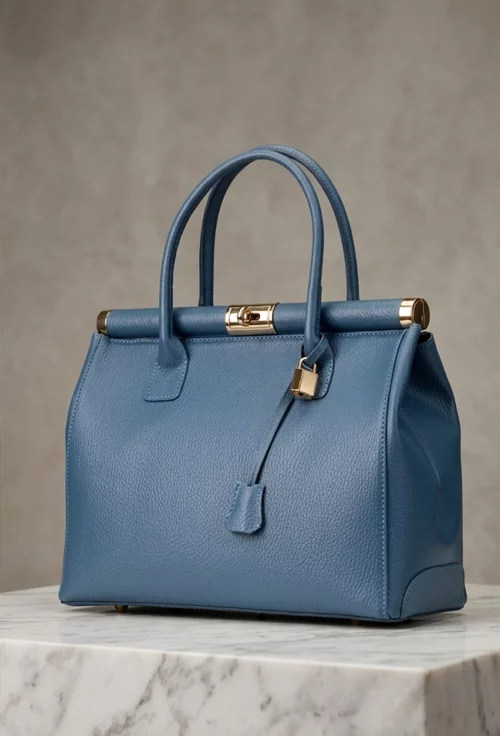 Geanta dama din piele albastra cu detaliu lacat