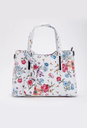 Geanta dama din piele naturala alba cu detalii florale