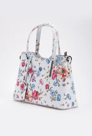 Geanta dama din piele naturala alba cu detalii florale