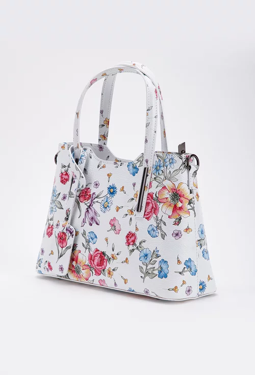Geanta dama din piele naturala alba cu detalii florale