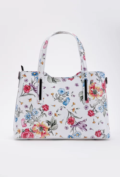 Geanta dama din piele naturala alba cu detalii florale