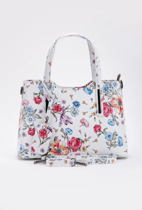 Geanta dama din piele naturala alba cu detalii florale