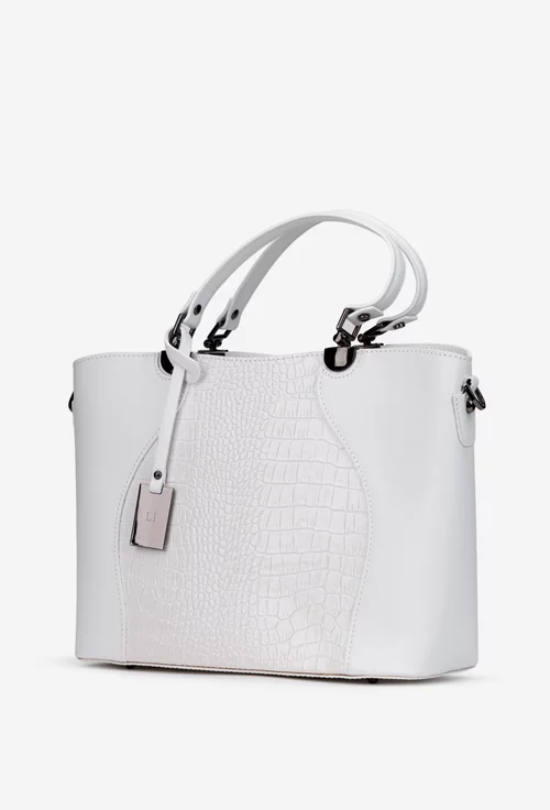 Geanta dama din piele naturala alba cu model