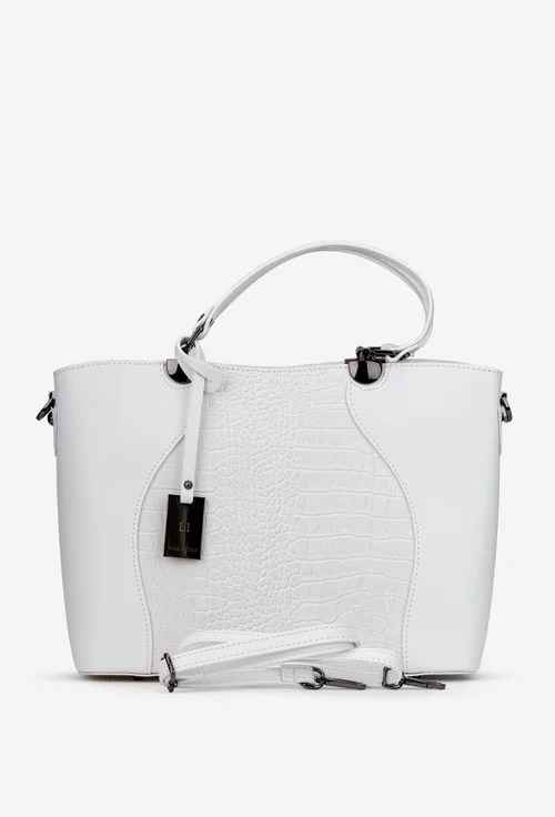 Geanta dama din piele naturala alba cu model