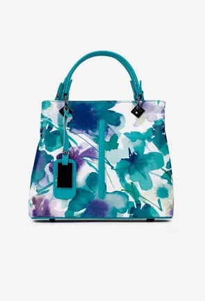 Geanta dama din piele naturala bleu cu imprimeu floral