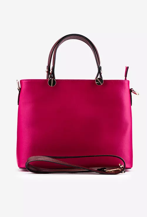 Geanta dama din piele naturala fuchsia cu manere maro