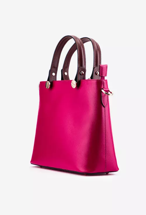 Geanta dama din piele naturala fuchsia cu manere maro