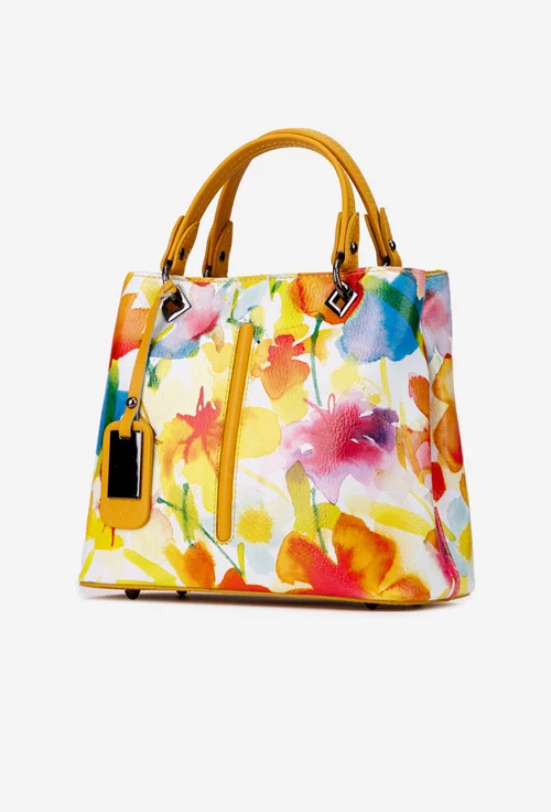 Geanta dama din piele naturala galbena cu imprimeu floral