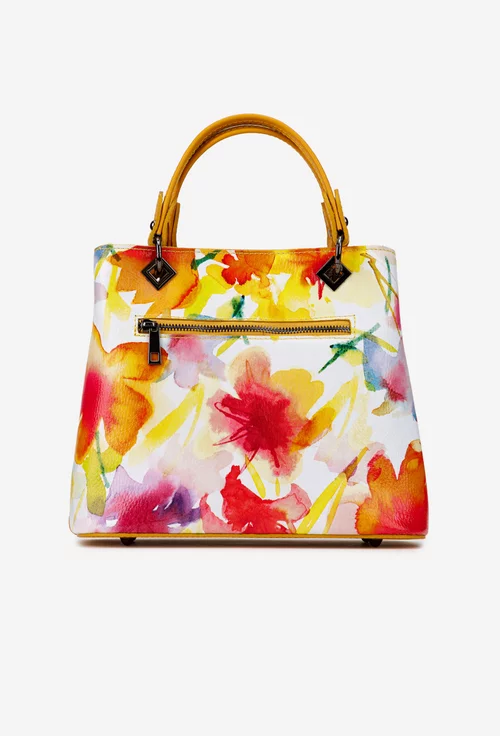 Geanta dama din piele naturala galbena cu imprimeu floral