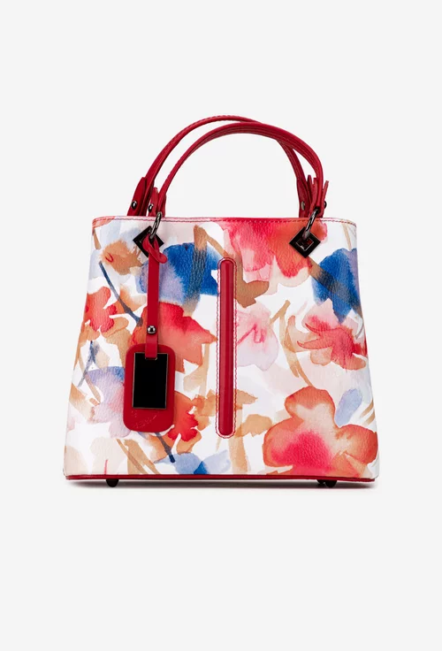 Geanta dama din piele naturala rosie cu imprimeu floral