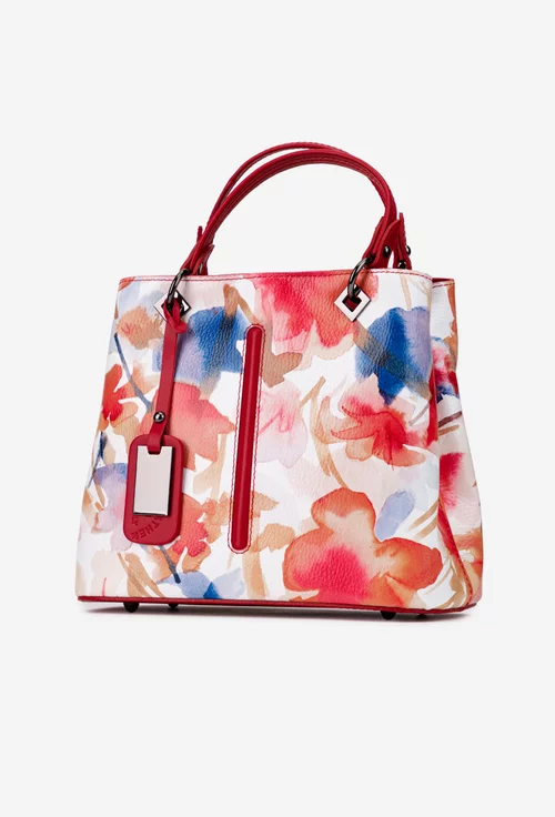 Geanta dama din piele naturala rosie cu imprimeu floral
