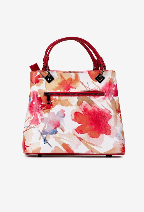 Geanta dama din piele naturala rosie cu imprimeu floral