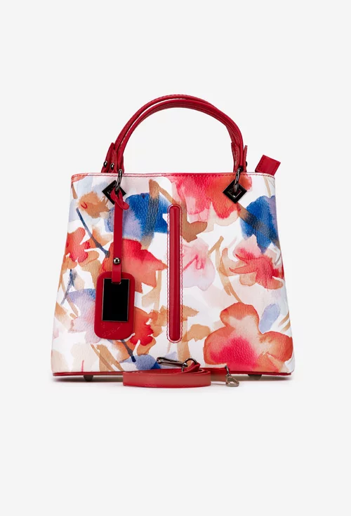 Geanta dama din piele naturala rosie cu imprimeu floral
