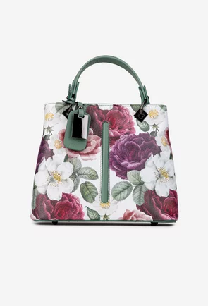 Geanta dama din piele naturala verde cu imprimeu floral