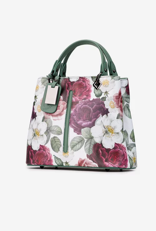 Geanta dama din piele naturala verde cu imprimeu floral