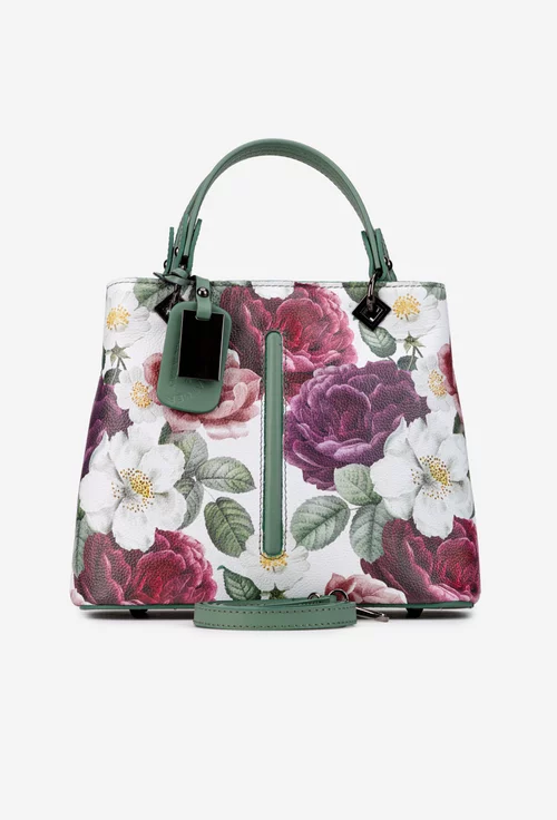 Geanta dama din piele naturala verde cu imprimeu floral
