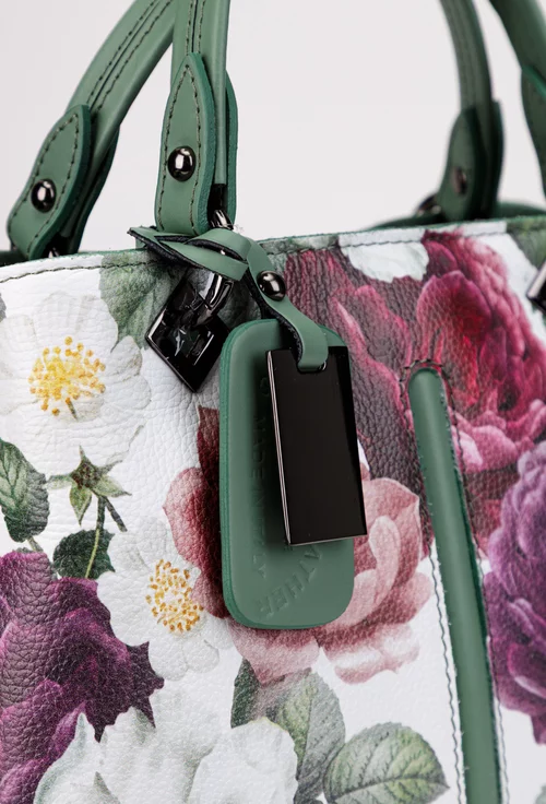 Geanta dama din piele naturala verde cu imprimeu floral