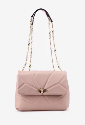 Geanta dama din piele roz pudra cu ornament auriu
