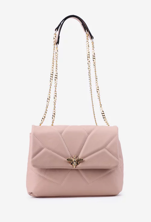 Geanta dama din piele roz pudra cu ornament auriu