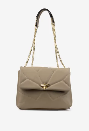 Geanta dama din piele taupe cu ornament auriu