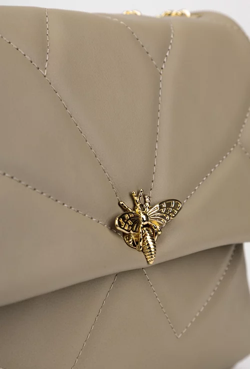 Geanta dama din piele taupe cu ornament auriu