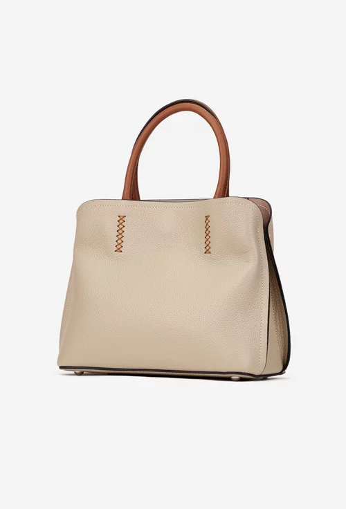 Geanta dama din piele texturata bej cu barete maro