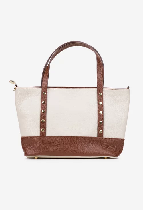 Geanta dama din piele texturata bej cu maro