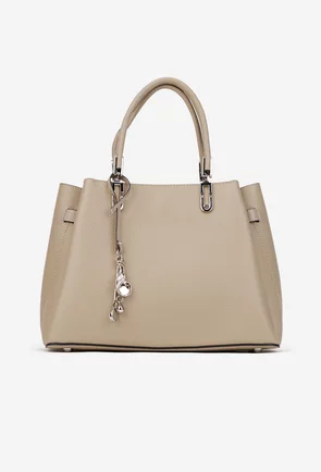 Geanta dama din piele texturata bej cu ornament