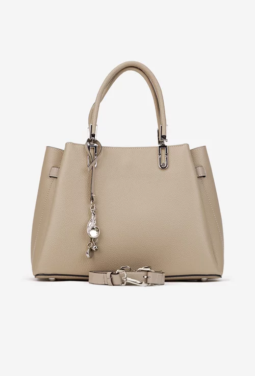 Geanta dama din piele texturata bej cu ornament