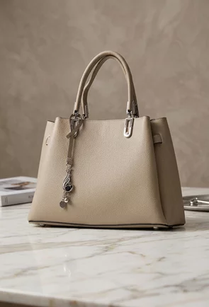 Geanta dama din piele texturata bej cu ornament