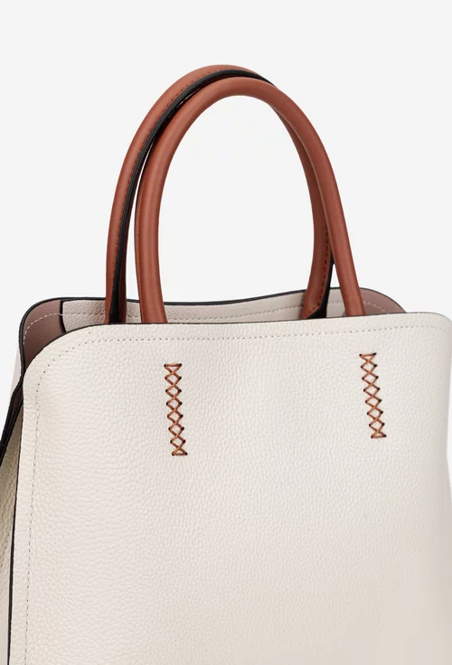 Geanta dama din piele texturata bej deschis cu barete maro