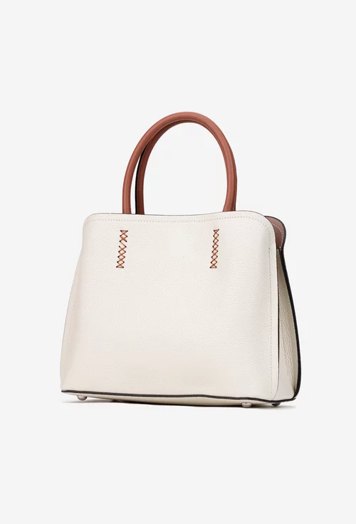 Geanta dama din piele texturata bej deschis cu barete maro