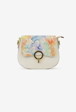 Geanta dama din piele texturata bej deschis cu detalii florale