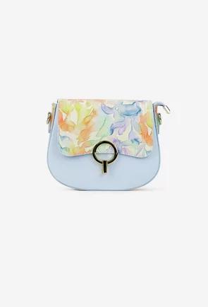 Geanta dama din piele texturata bleu cu detalii florale